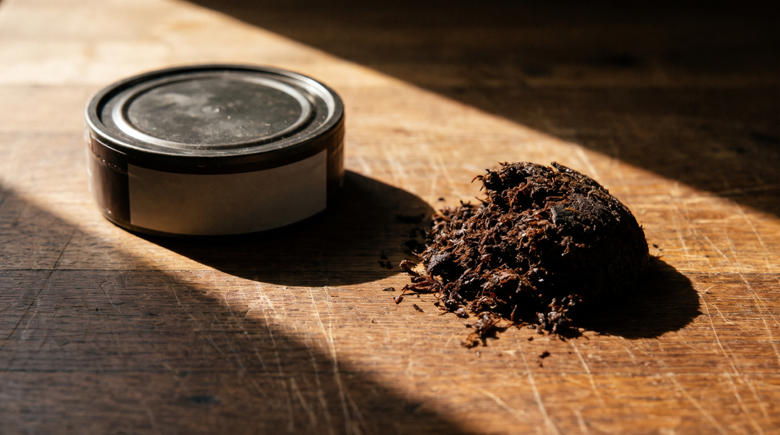 OutDare nicotine pouch can beside a mound of loose dip tobacco on a dark oak worktop
