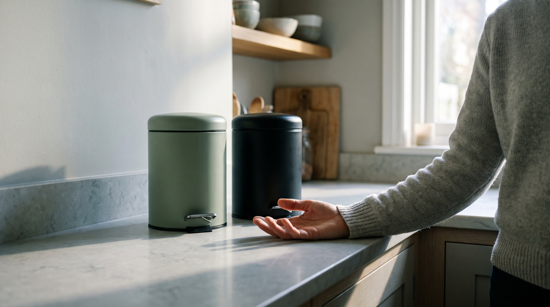 An adult hand resting between a green bin and a black general-waste bin on a kitchen worktop