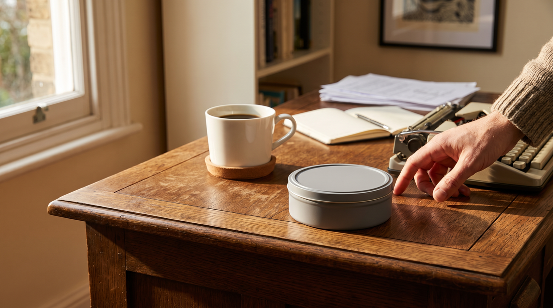 A caffeine energy pouch can beside a half-drunk coffee mug on a sunlit afternoon desk