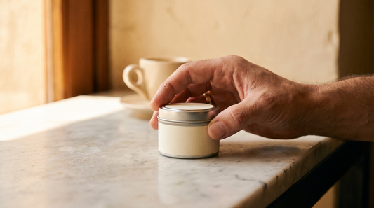 Adult hand lifting a nicotine pouch can from a marble café counter in warm morning light