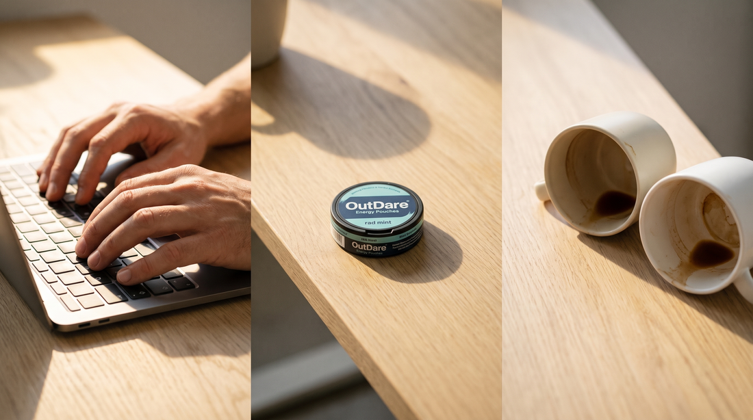 Calm hands typing on a laptop beside a caffeine pouches can, two drained coffee cups pushed to the desk edge