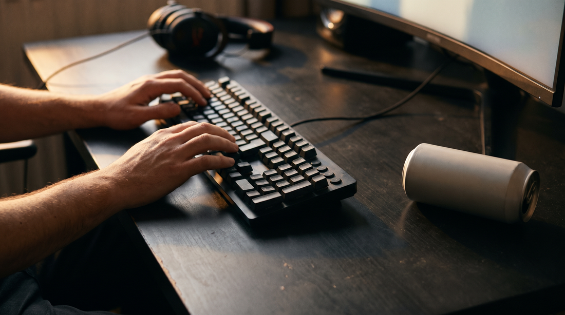Adult hands resting on a gaming keyboard with a plain energy drink can lying on its side beside them