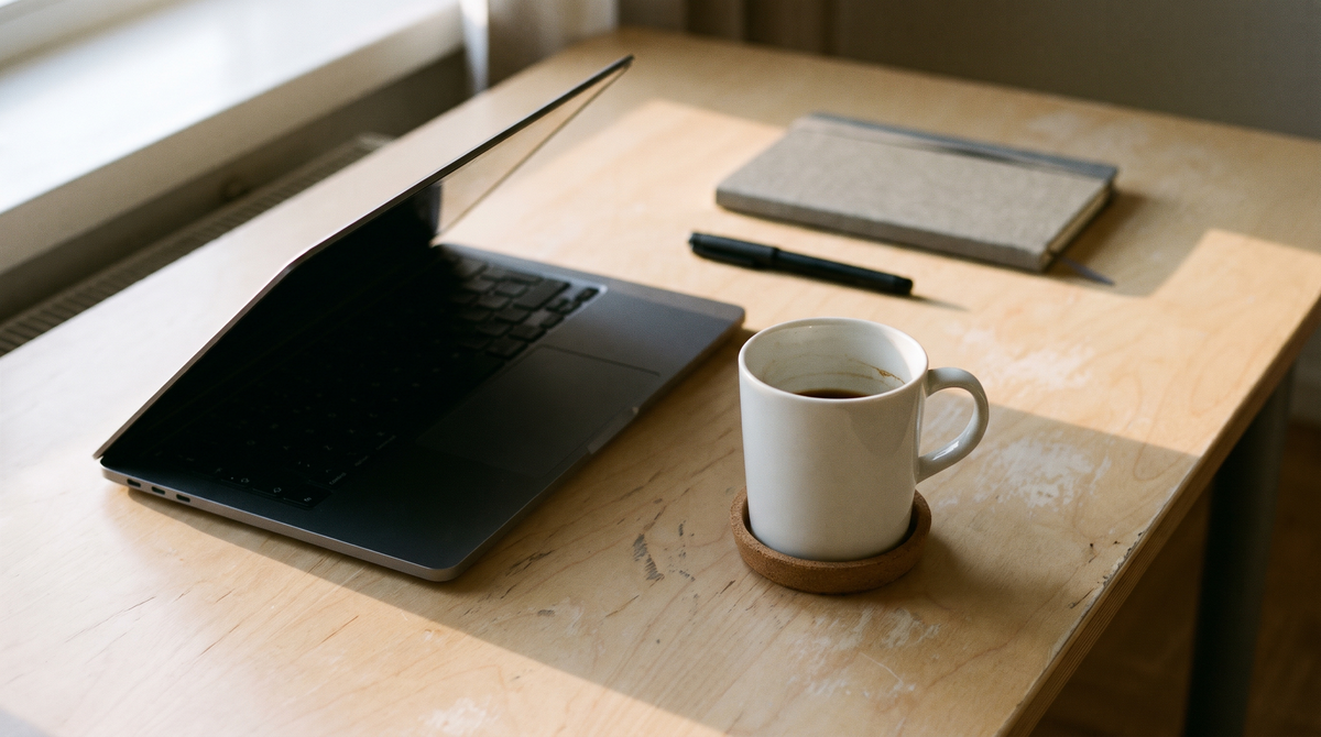 Laptop and ceramic coffee mug on a pale wooden desk in low late-afternoon light