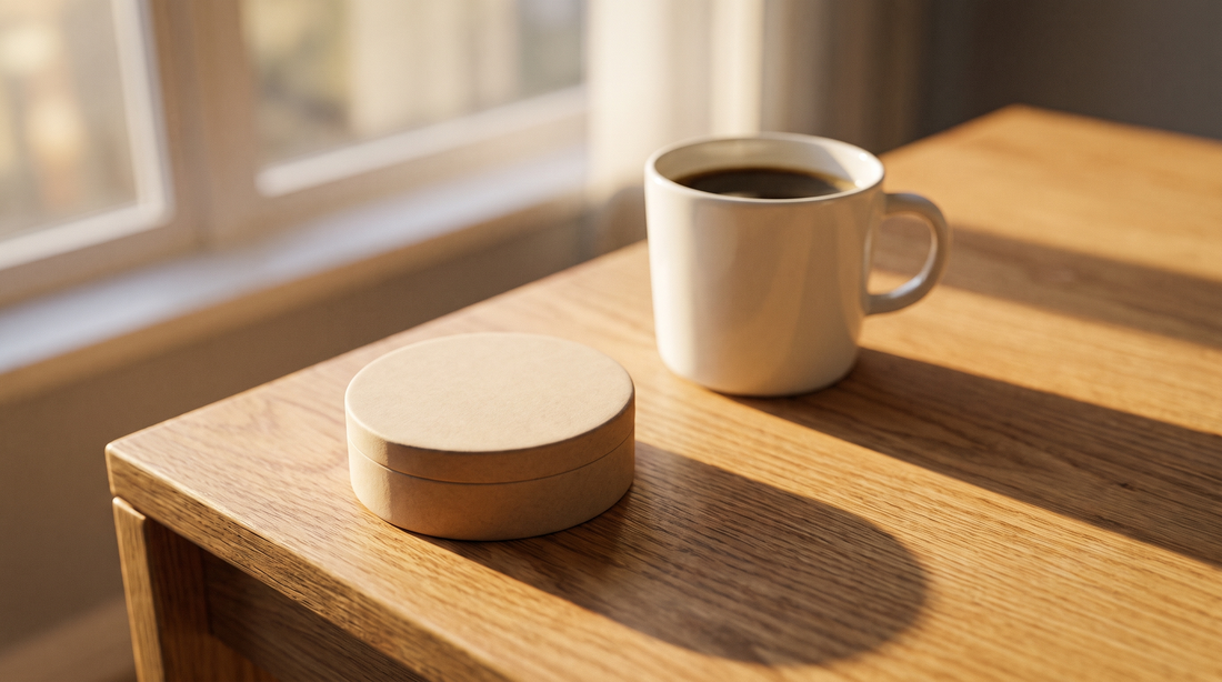 OutDare Energy Pouches can on an oak desk beside a white ceramic coffee cup in afternoon light