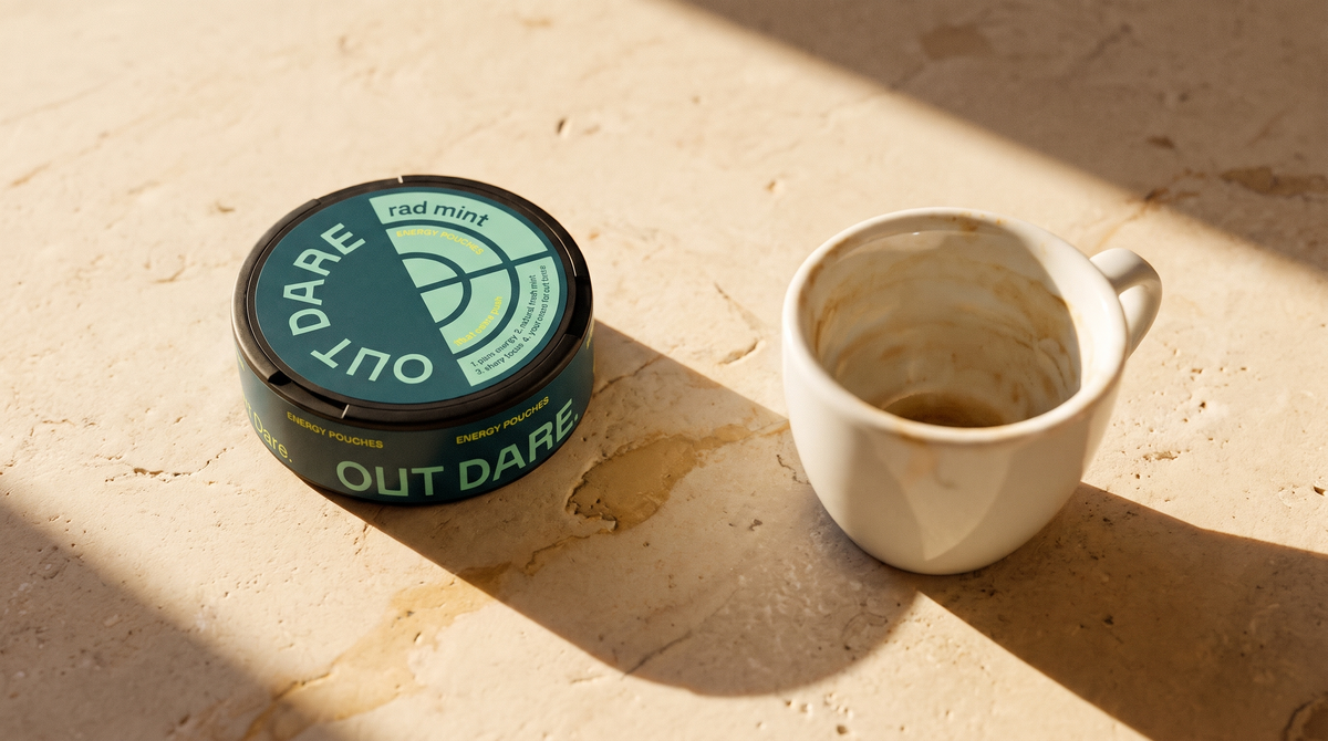 Round caffeine pouch can beside a used espresso cup on a warm pale stone surface