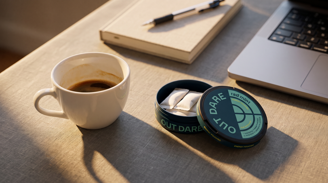 A half-drunk coffee cup beside an open caffeine pouches can on an afternoon desk