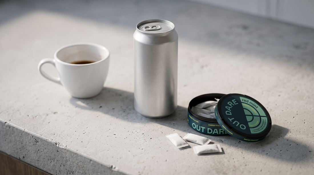 Coffee cup, energy drink and open caffeine pouches can on a pale concrete worktop