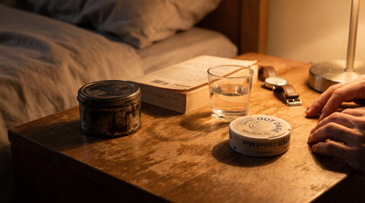 Worn brown snus can beside a flat CBD Sleep Pouches can on an evening nightstand