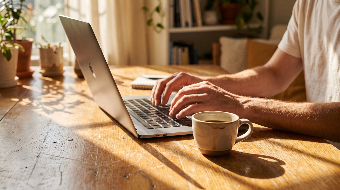 Adult hands at a laptop beside a coffee mug, searching for an energy pouch that works