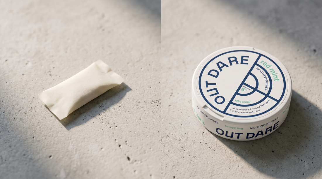Unwrapped nicotine gum and an OutDare pouch can compared side by side on a pale worktop