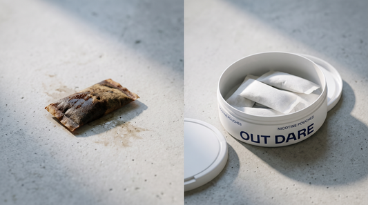 A stained brown snus pouch next to an open nicotine pouch can revealing white pouches inside