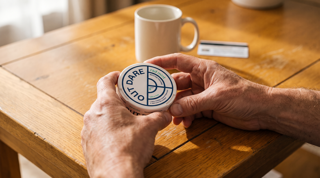 Adult hands examining a closed nicotine pouch can on a warm wooden coffee table