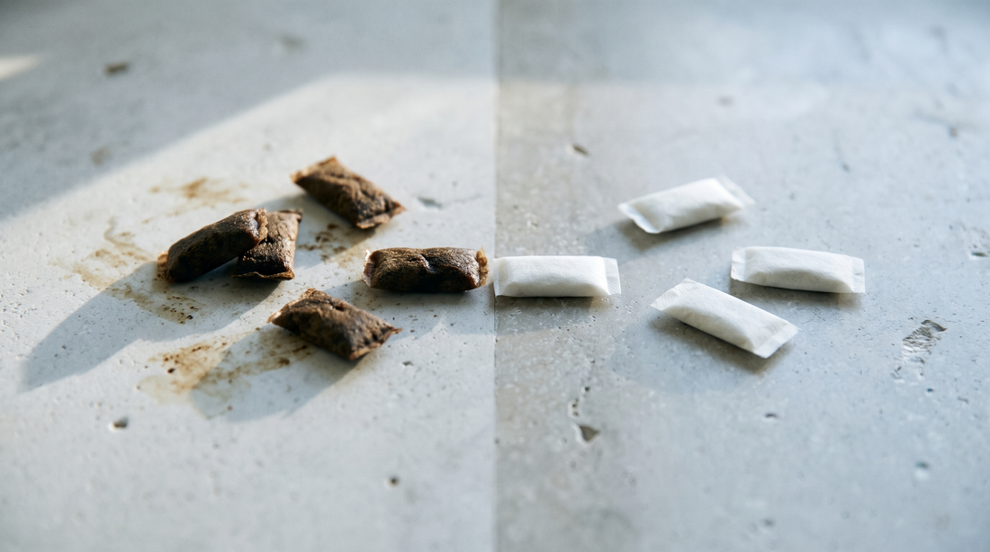 Dark brown snus portions beside clean white nicotine pouches on a pale stone counter