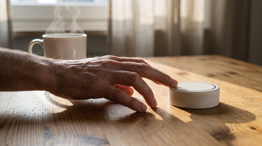 A man's hand reaching across a kitchen table toward a nicotine pouch can at dawn