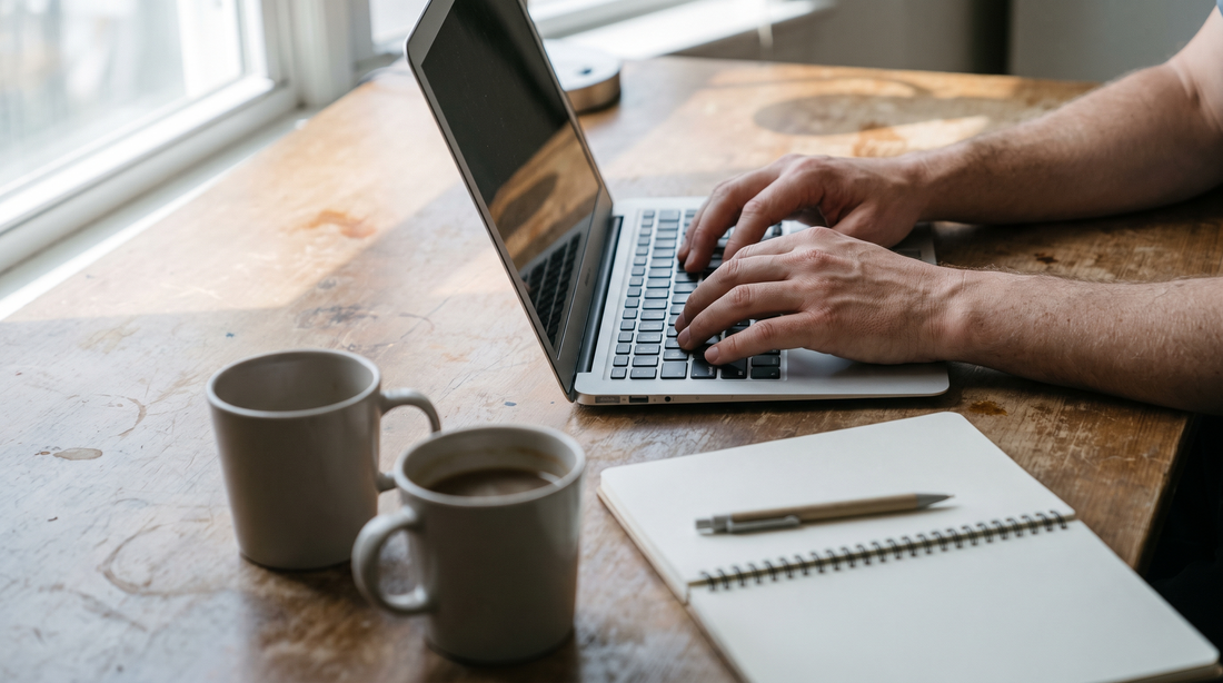 Adult hands typing on a laptop beside two coffee mugs, how to use energy pouches