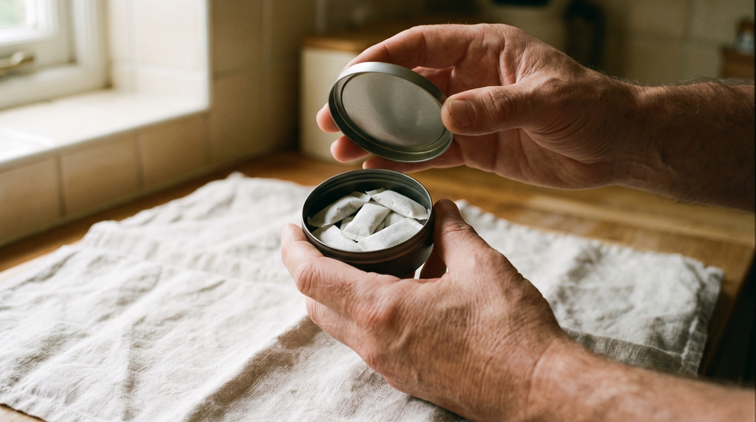 Hands lifting the lid off a small round nicotine pouch can to reveal white pouches inside