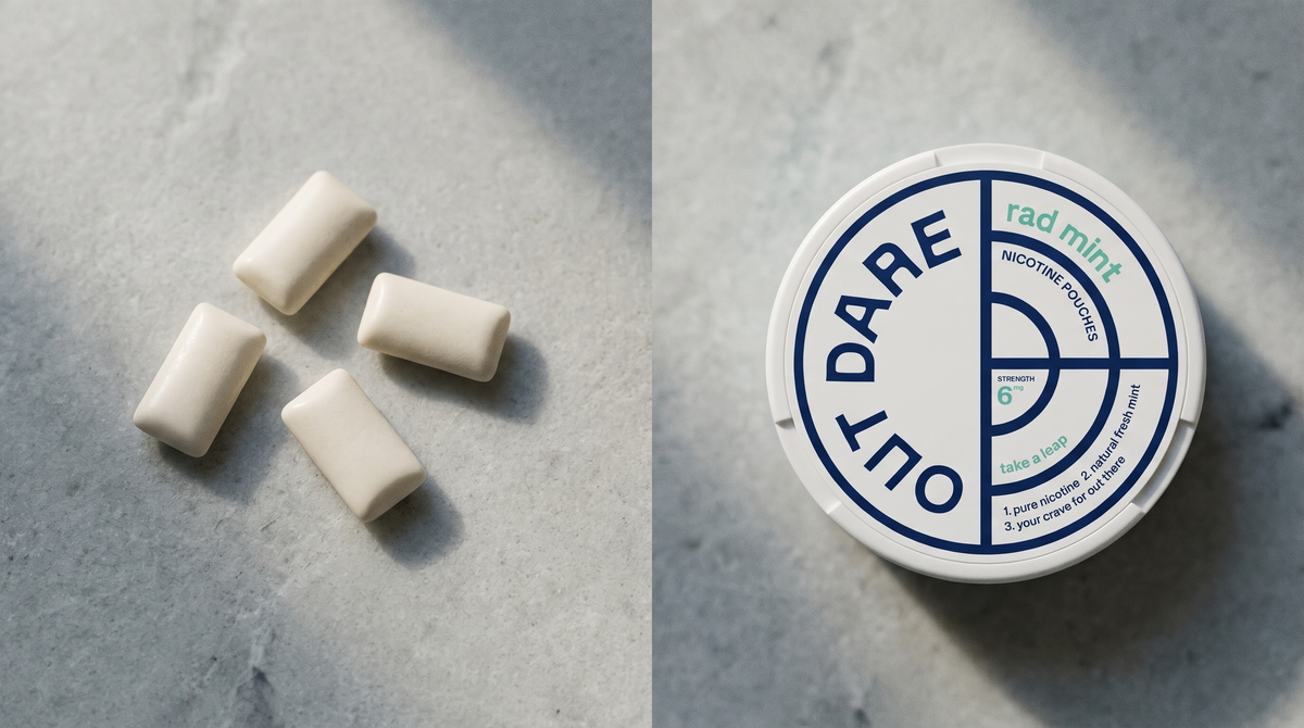 Nicotine gum sticks and a pouch can side by side on a pale grey stone surface
