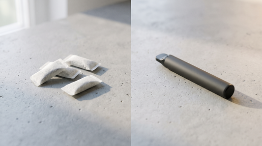 Small white nicotine pouches and a vape pen side by side on pale concrete
