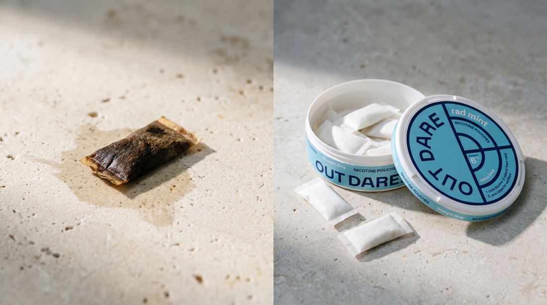 Dark brown snus pouch beside an open white nicotine pouch can on pale limestone