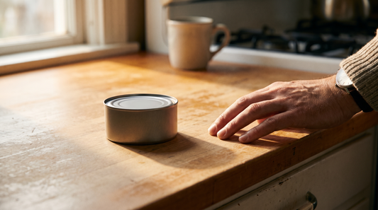 Adult hand resting unconsciously beside a nicotine pouch can on a kitchen counter at dawn