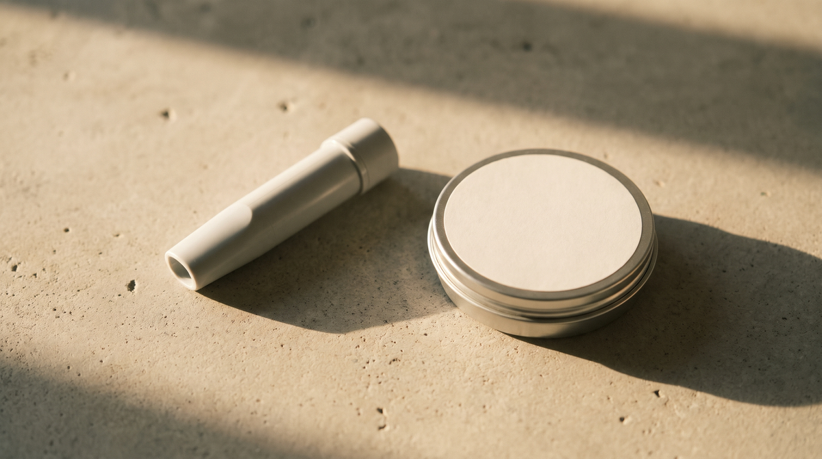 A plastic nicotine inhaler and a round nicotine pouch can side by side on a pale concrete surface
