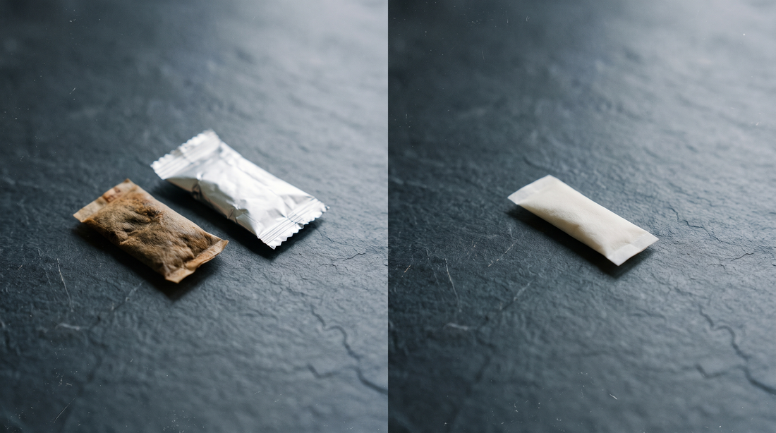 Spent brown snus pouch alongside a clean white nicotine pouch alternative on dark slate
