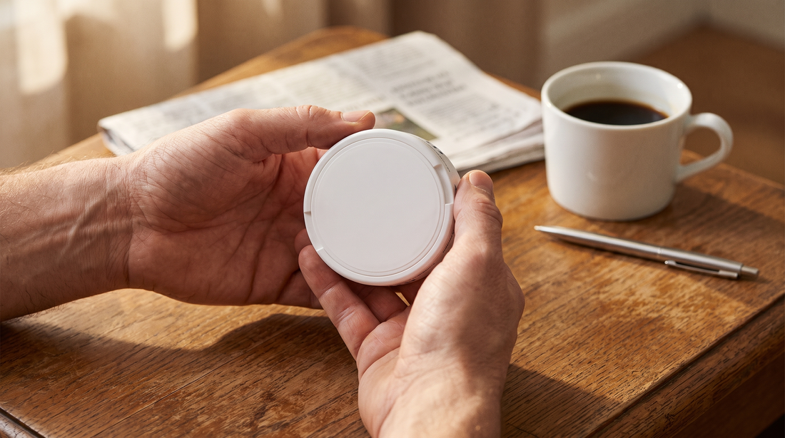 Adult hands lifting a small round nicotine pouch can from a worn oak desk in warm morning light