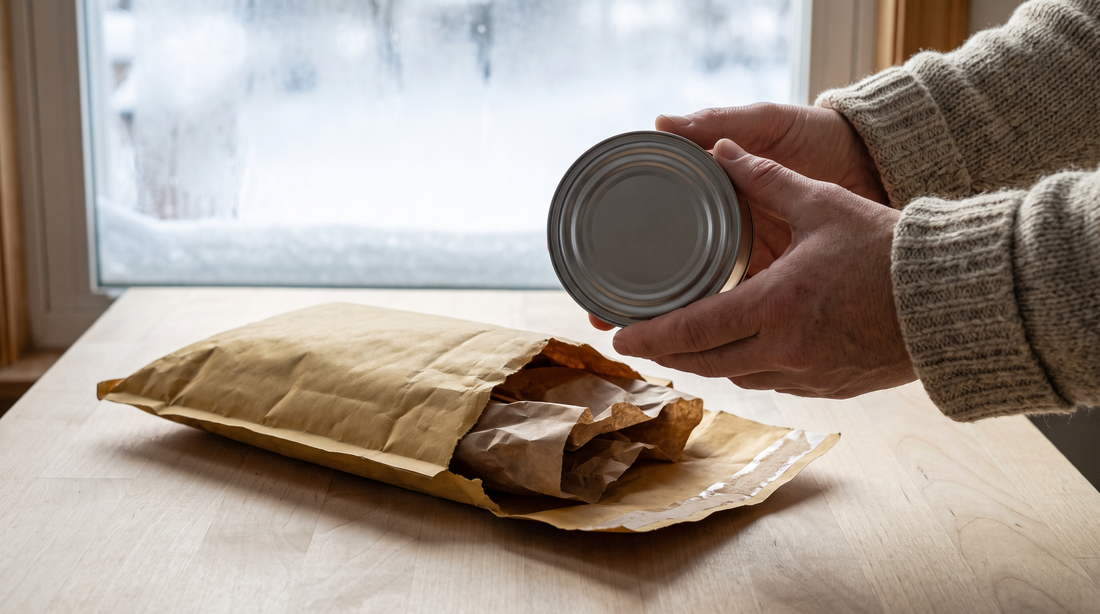 A round nicotine pouch can being lifted from an opened shipping mailer on a kitchen table