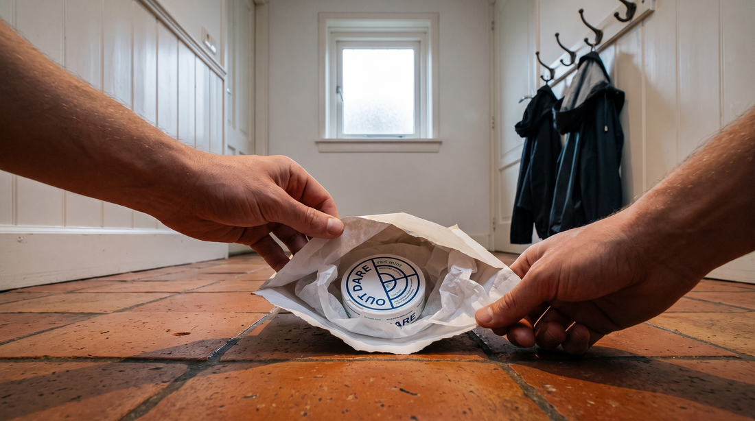 Hands opening a padded delivery envelope to reveal a small nicotine pouch can inside a Dutch hallway