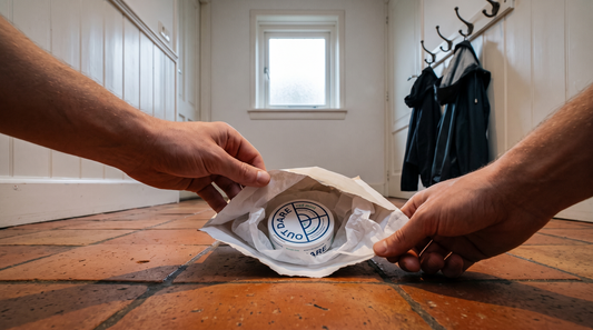 Hands opening a padded delivery envelope to reveal a small nicotine pouch can inside a Dutch hallway