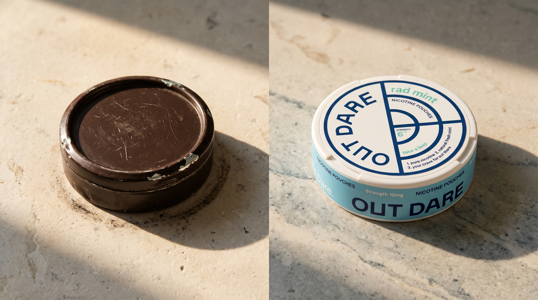 Worn brown snus can beside a closed OutDare nicotine pouch can on a pale stone worktop