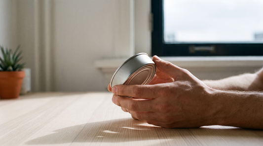 Adult hands holding a small round flat can beside a bright Dutch apartment window