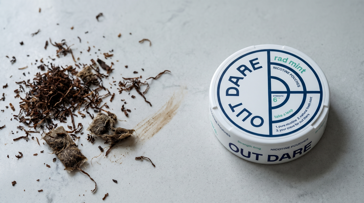 Loose brown tobacco beside a sealed nicotine pouch can on a pale grey stone surface