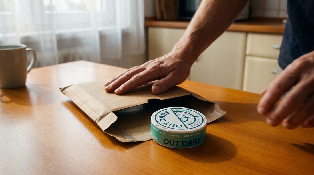 Opened delivery parcel on a wooden table with a nicotine pouch can, Poland