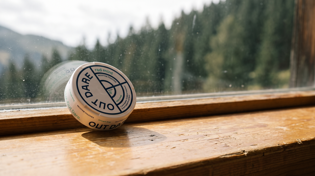 Closed nicotine pouch can on a timber windowsill with a blurred alpine pine forest behind