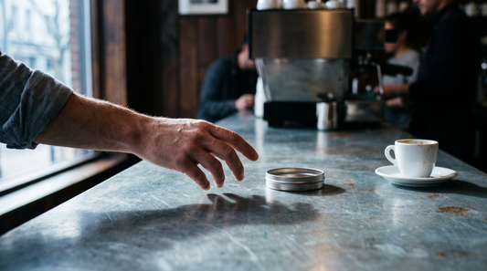Adult hand reaching across a zinc café counter toward a nicotine pouch can beside an espresso