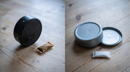 Used brown snus pouch beside a worn can, with a clean nicotine pouch can upturned on a pine surface