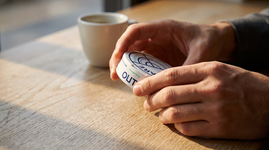 An adult hand lifting a small round flat nicotine pouch can from a café table