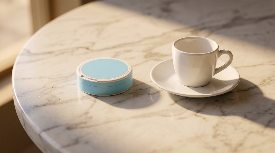 A round nicotine pouch can beside a coffee cup on a marble café table