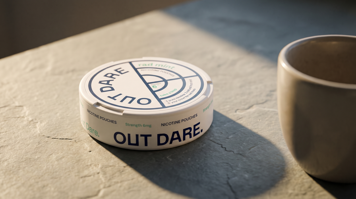 Small round nicotine pouch can on a slate worktop in warm morning light