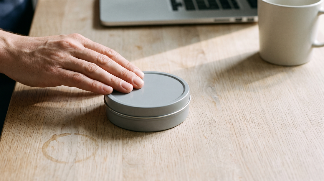 A hand resting on a small round nicotine pouch can on a worn oak desk