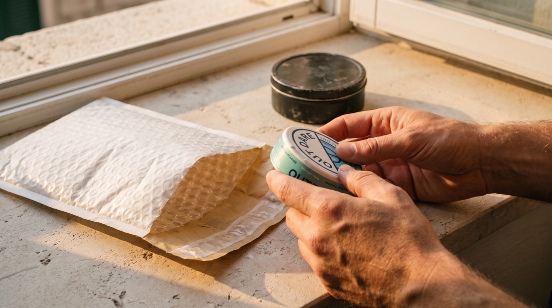 Hands lifting a nicotine pouch can from an opened padded delivery envelope on a pale stone worktop