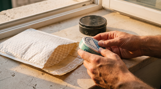 Hands lifting a nicotine pouch can from an opened padded delivery envelope on a pale stone worktop
