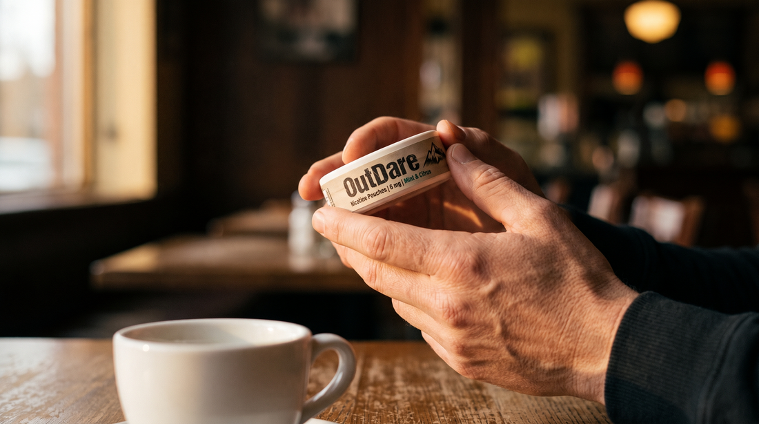 Adult hands inspecting a round flat nicotine pouch can at a café table