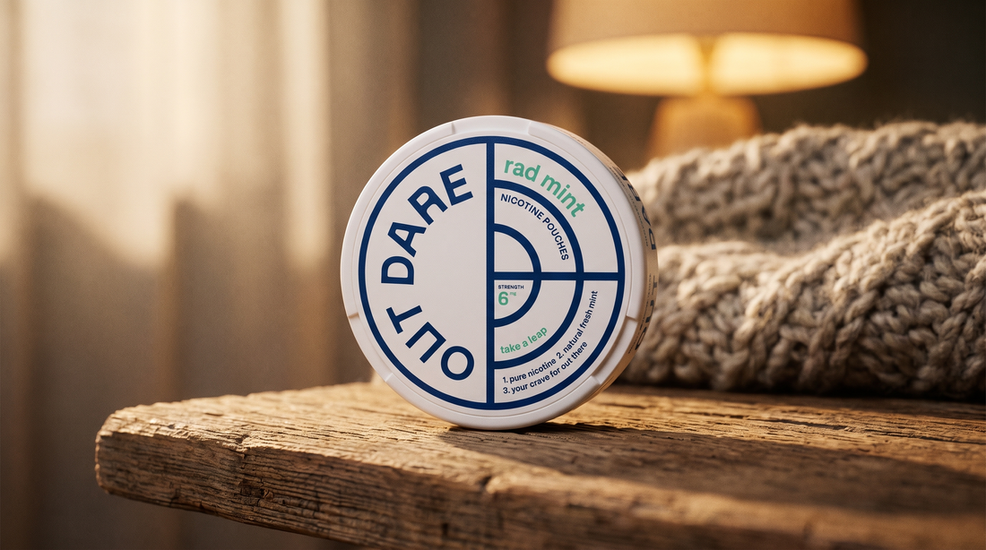 Close-up of a nicotine pouch can from the OutDare Nicotine Pouches — Dosage & What's Inside range, photographed on a desk