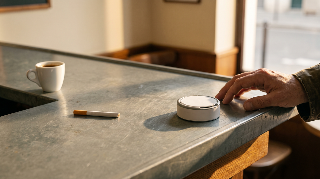 An unlit cigarette and a nicotine pouch can beside an espresso cup on a zinc café counter