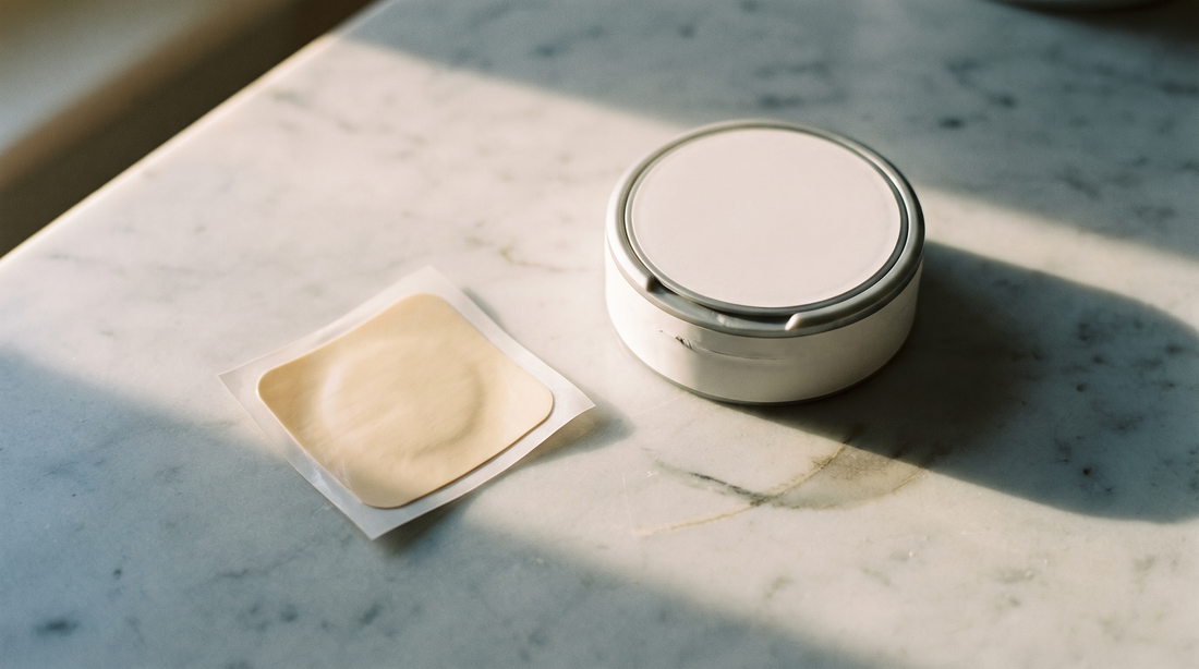 Unused nicotine patch lying flat beside a round pouch can on pale marble