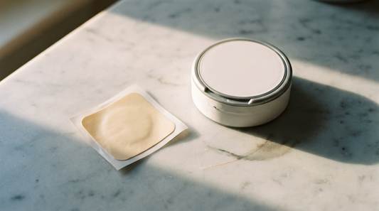 Unused nicotine patch lying flat beside a round pouch can on pale marble