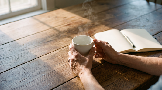 Adult hands cradling a ceramic mug at a bare wooden kitchen table in morning light