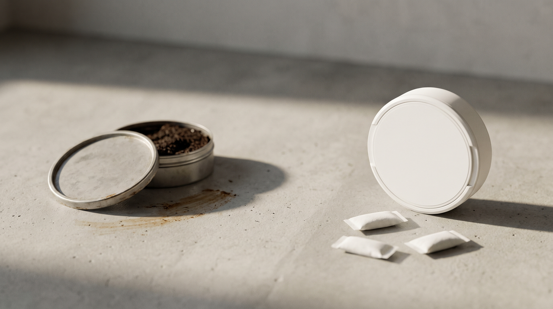 Open brown snus can beside clean white tobacco-free nicotine pouches on a concrete surface